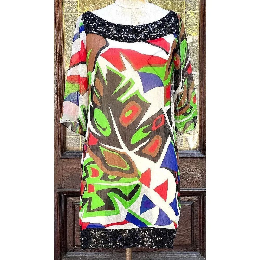 Cache Geometric Transparent Silk Dress Sequin Collar Drop Waist Size M